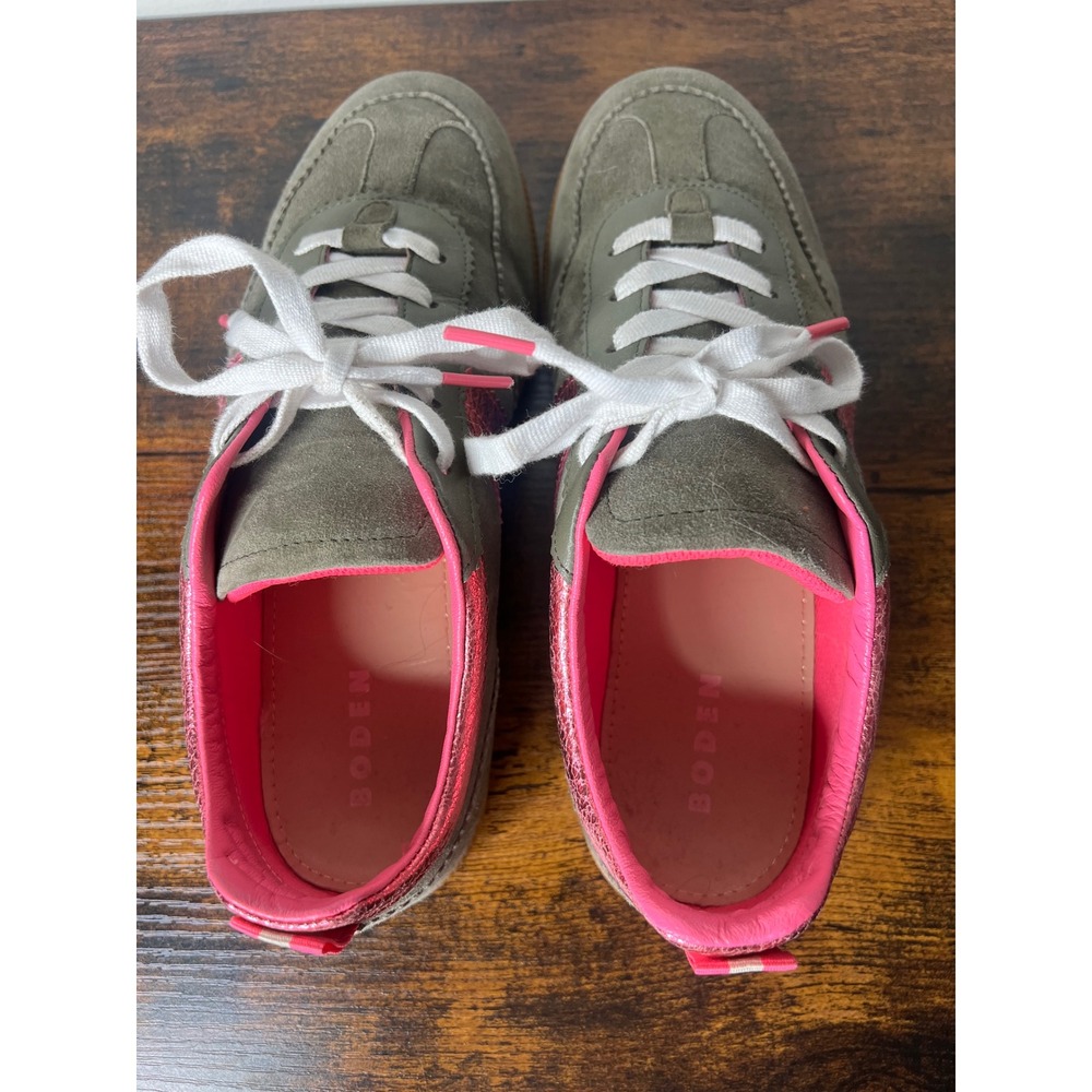 Boden Erin Retro Tennis Trainers Olive Green Suede Pink Metallic Sneakers EU 40 - Picture 6 of 8